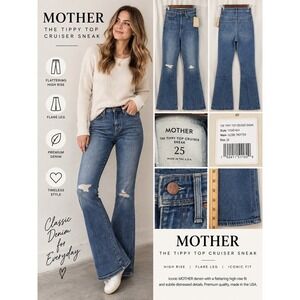 NWT MOTHER Tippy Top Cruiser Sneak Jeans 25 High Rise Flare Distressed &video